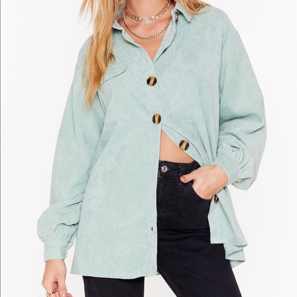 NastyGal Mint Corduroy Button Down, Size 2